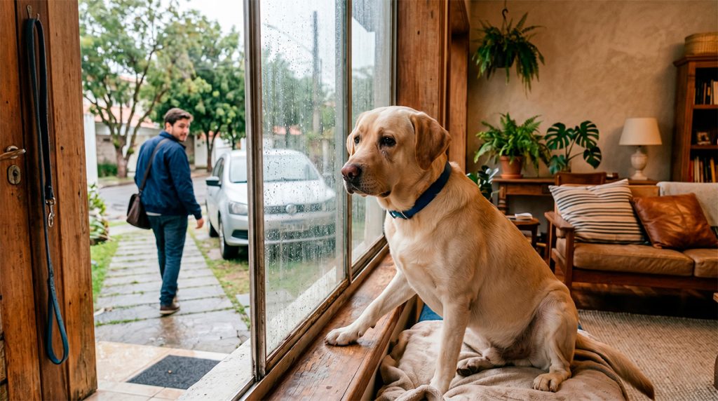 Cão com ansiedade de separação observando tutor sair de casa