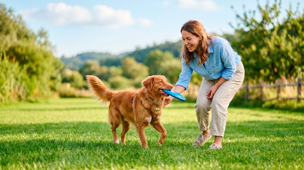 Tutor brincando com cachorro saudável em área verde